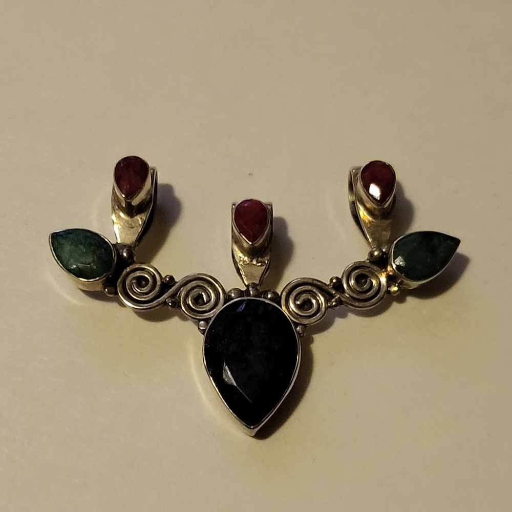 Sterling Silver Pendant w/Sapphire, Emerald, and Ruby